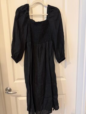 J.Crew Smocked Linen Puff Sleeve Black Midi Dress